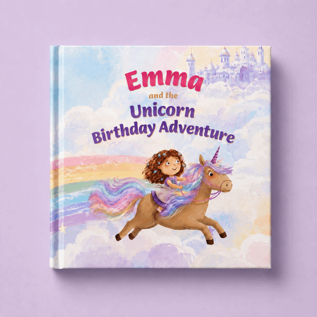 Cover of Unicorn Birthday Adventure, a personalized childrens picture book from Fenous