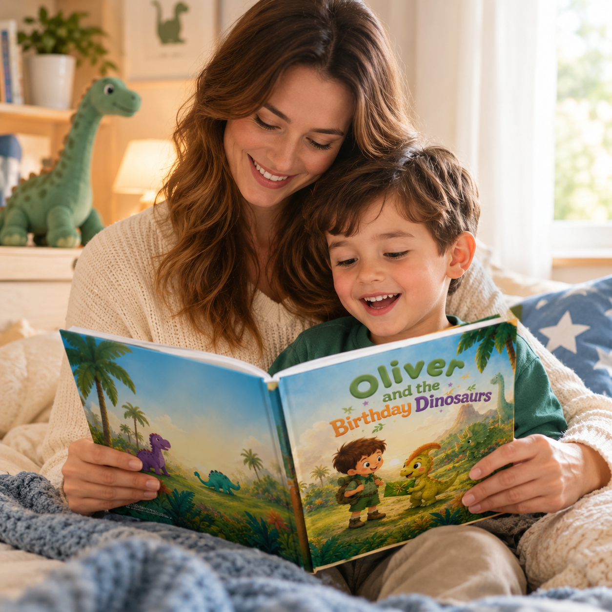 A parent and child reading the book together